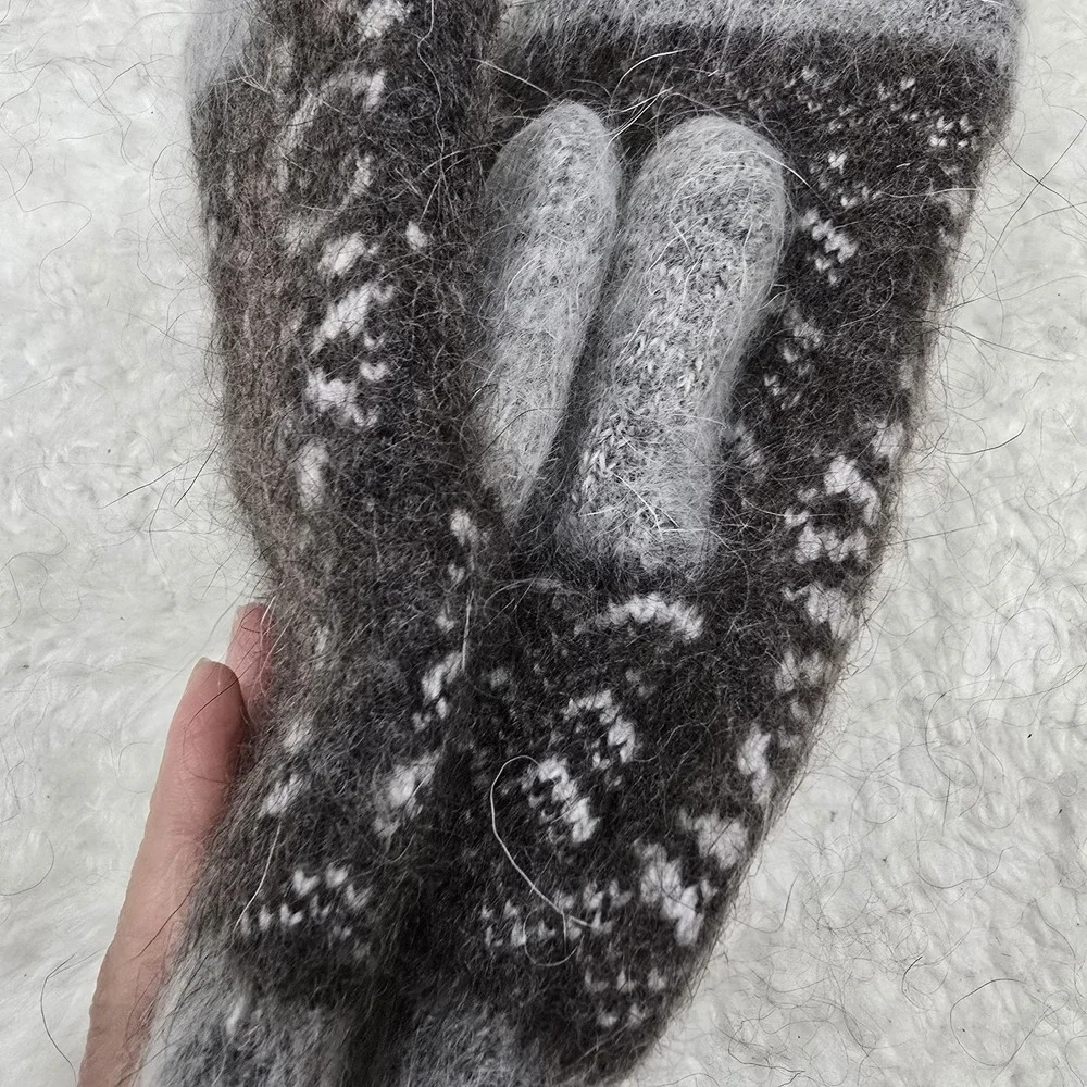 Handmade Goat Down Mittens Grey Brown Flower Pattern‎ Winter Warm Hand Knitted